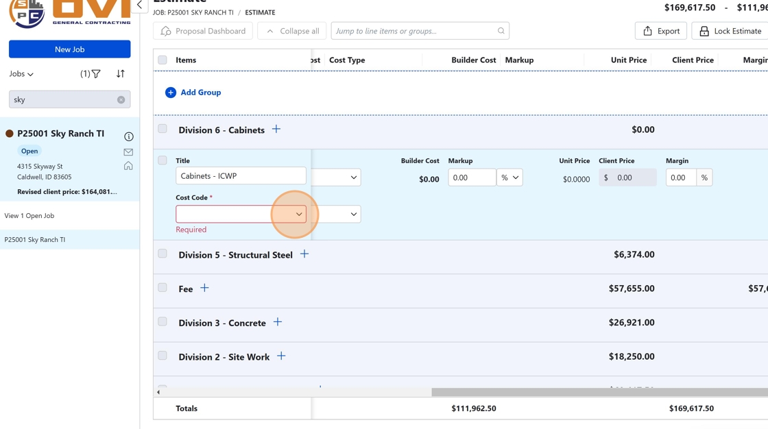 Screenshot showing the cost code dropdown
