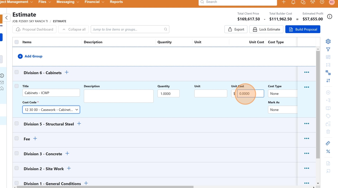 Screenshot showing where to enter the unit cost