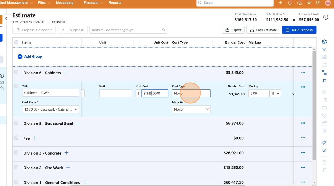 Screenshot showing the cost type dropdown