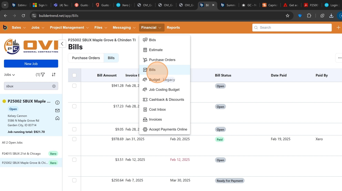 Screenshot showing the Bills submenu