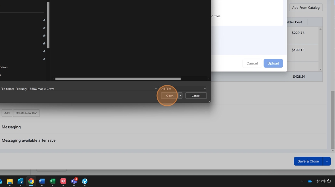 Screenshot showing Open button