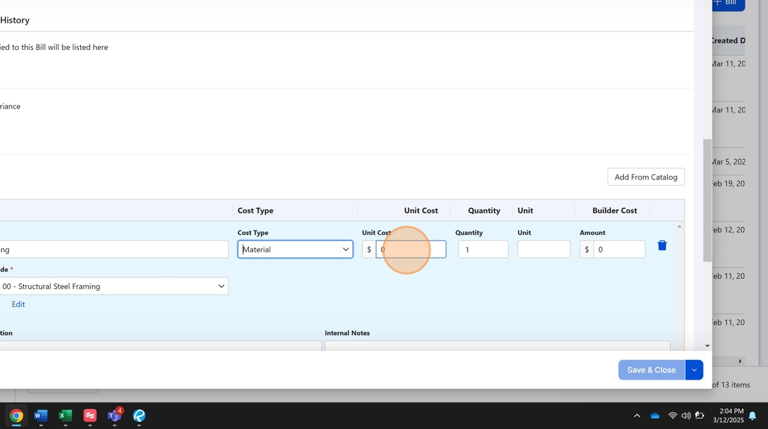 Screenshot showing cost amount entry