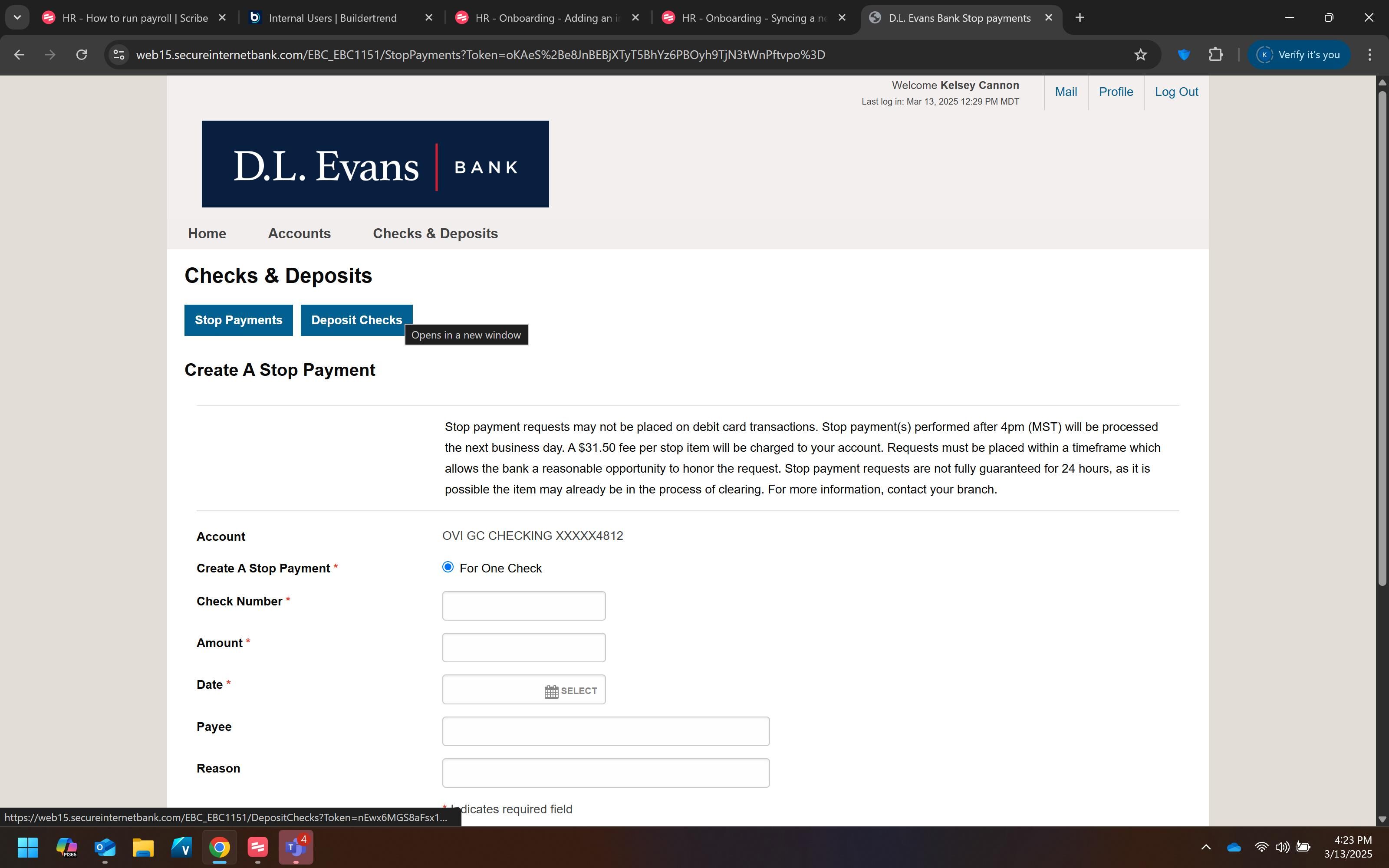 Screenshot showing the Deposit Checks interface with Create Deposit button highlighted