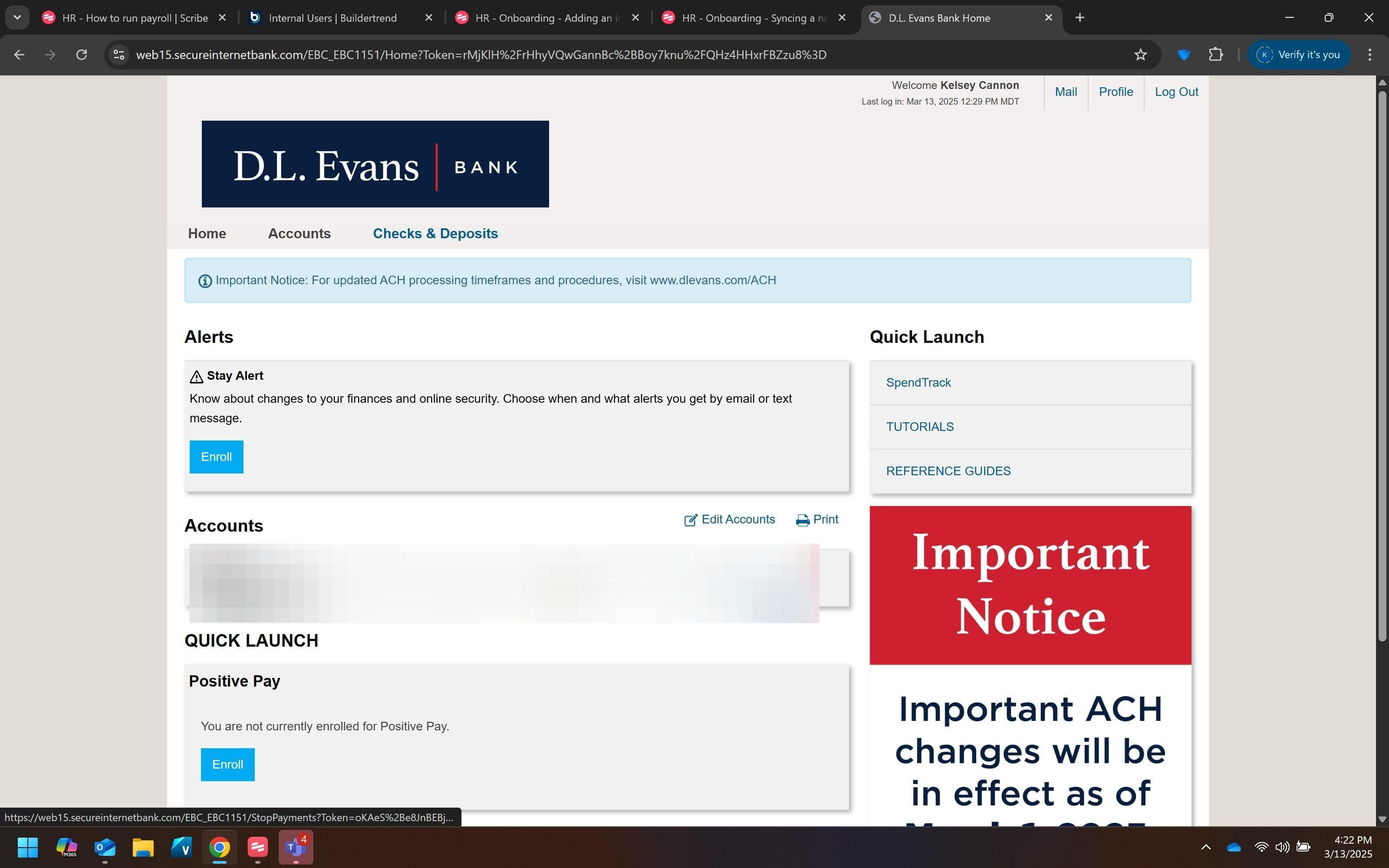 Screenshot showing the DL Evans login screen with the "Checks & Deposits" option highlighted