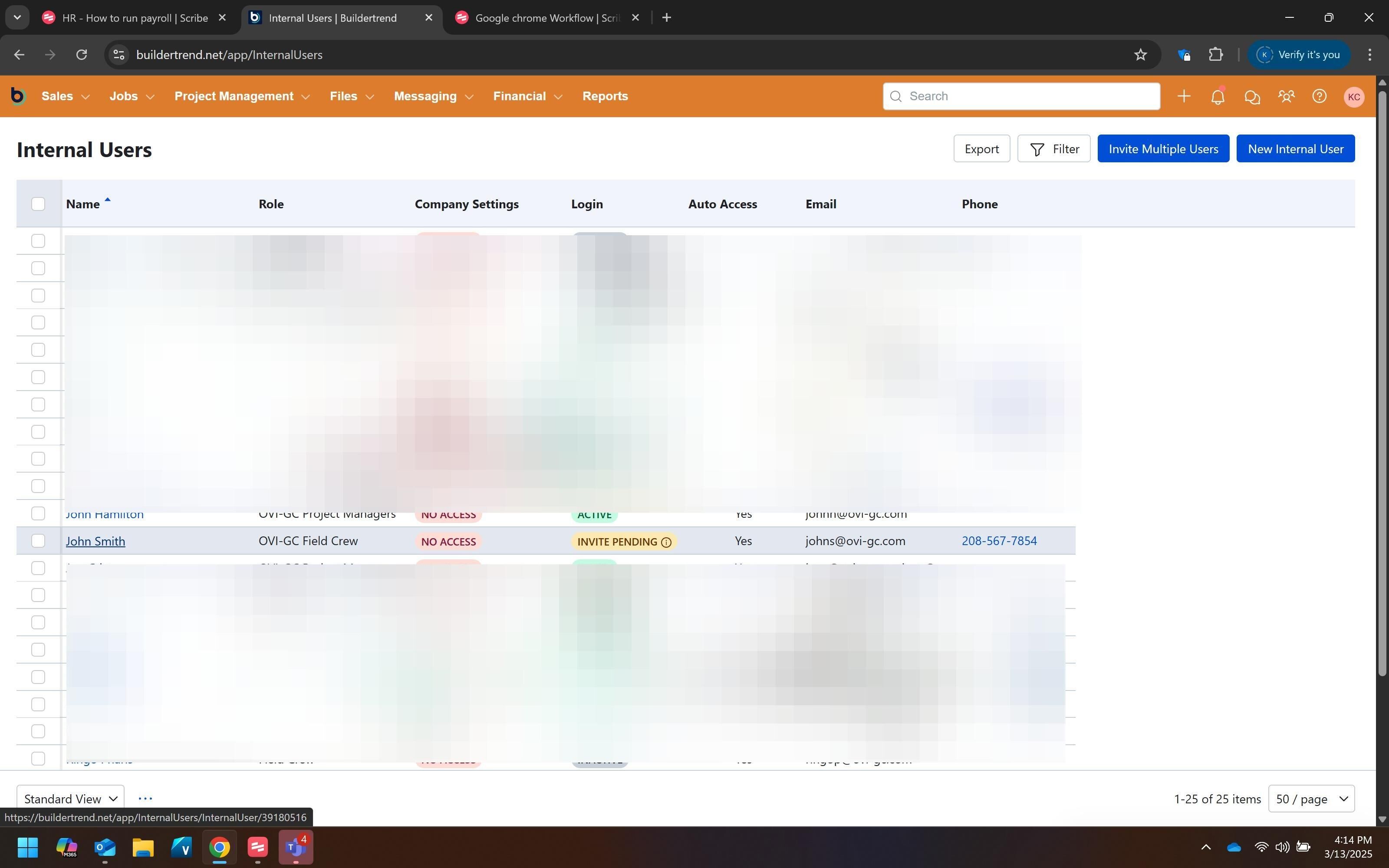 Screenshot showing selection of an employee profile in Buildertrend
