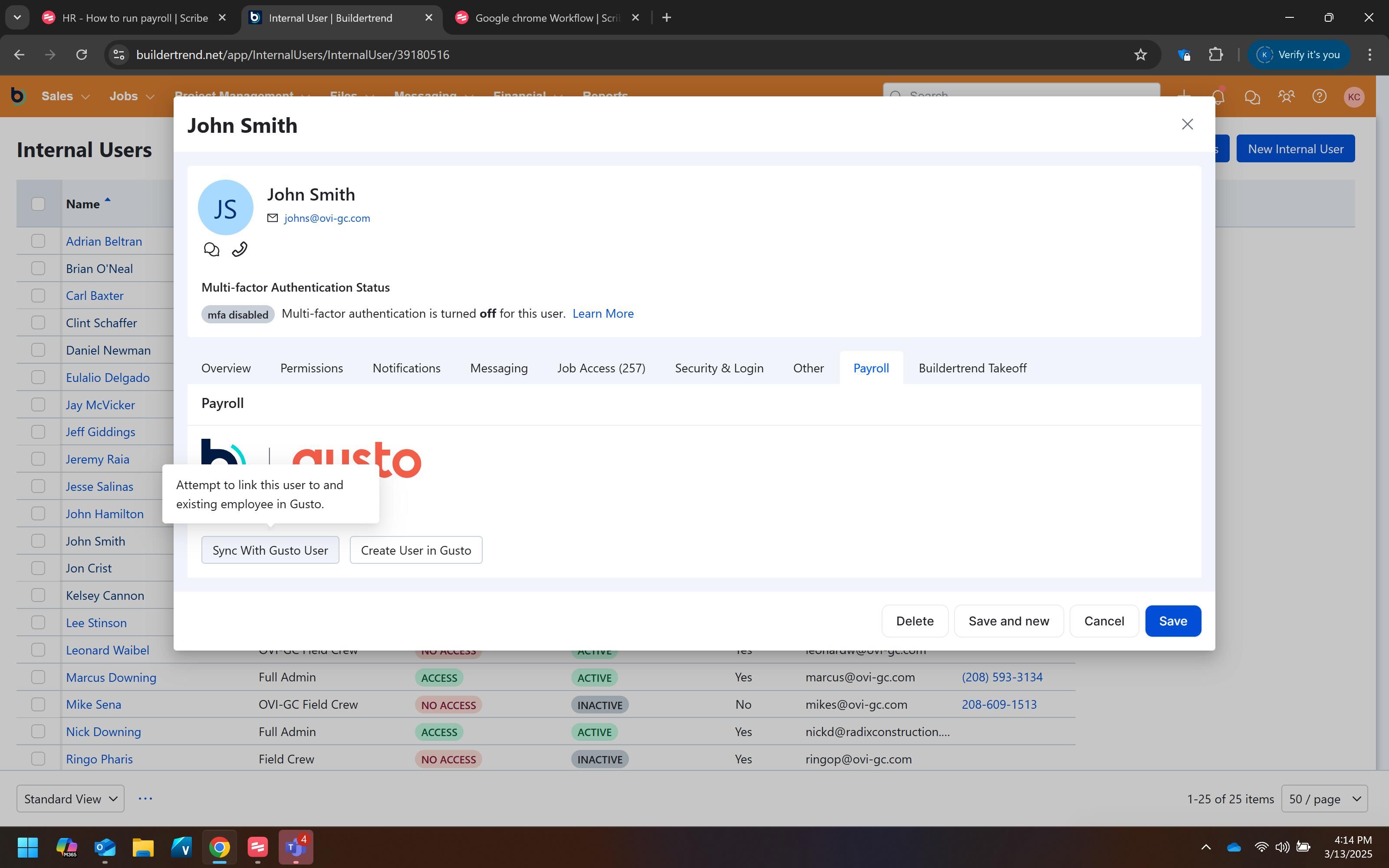 Screenshot highlighting the Sync with Gusto User button