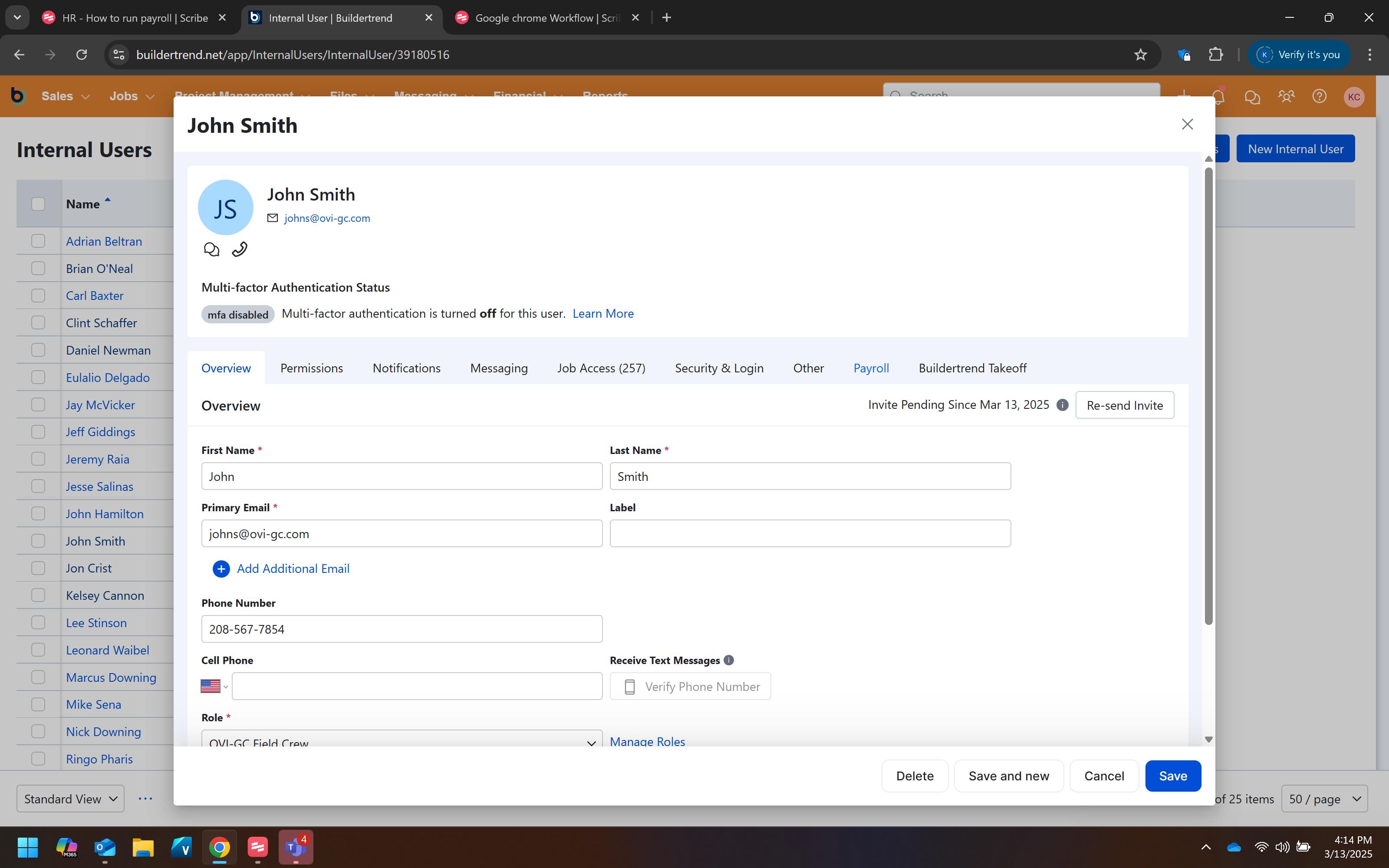 Screenshot showing the payroll tab selection