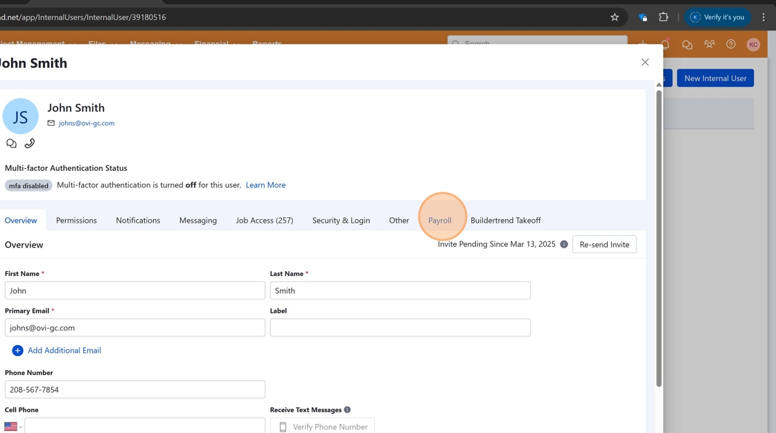 Screenshot showing the payroll tab selection