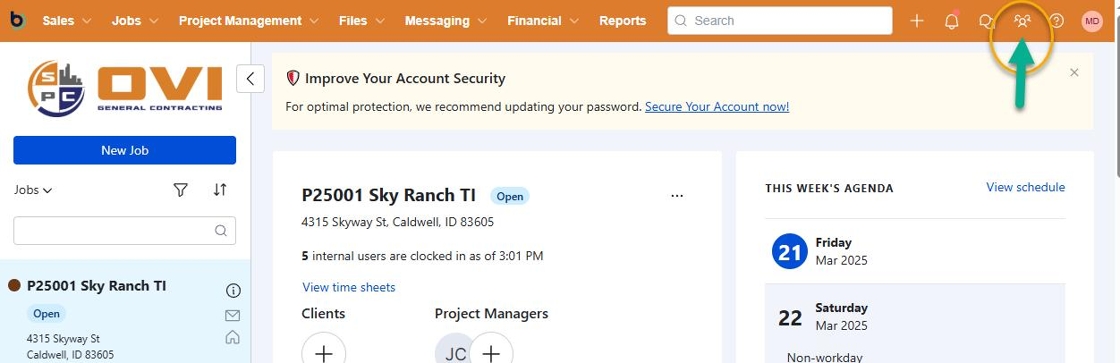 Screenshot showing how to access Manage Users in Buildertrend