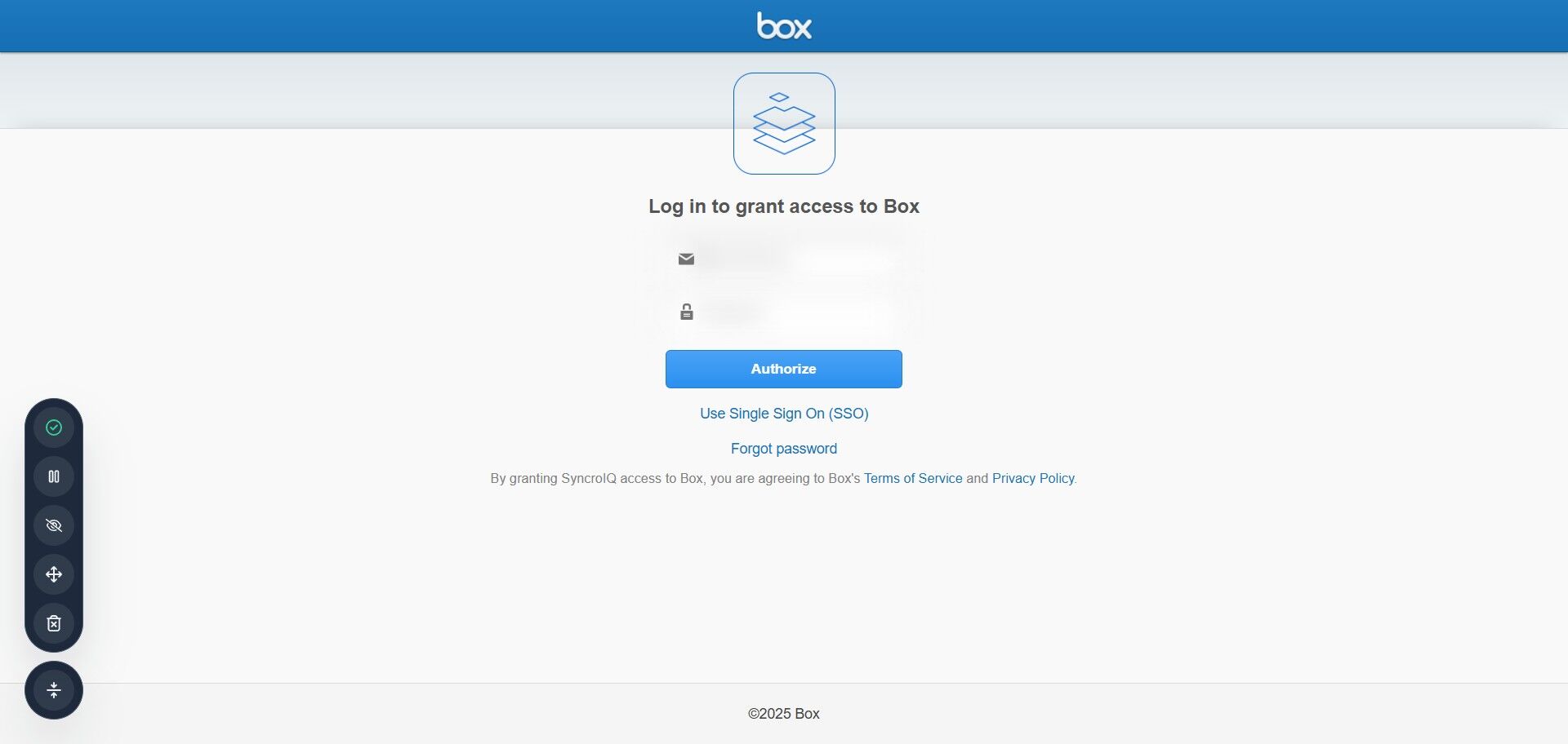 Box login form for email and password