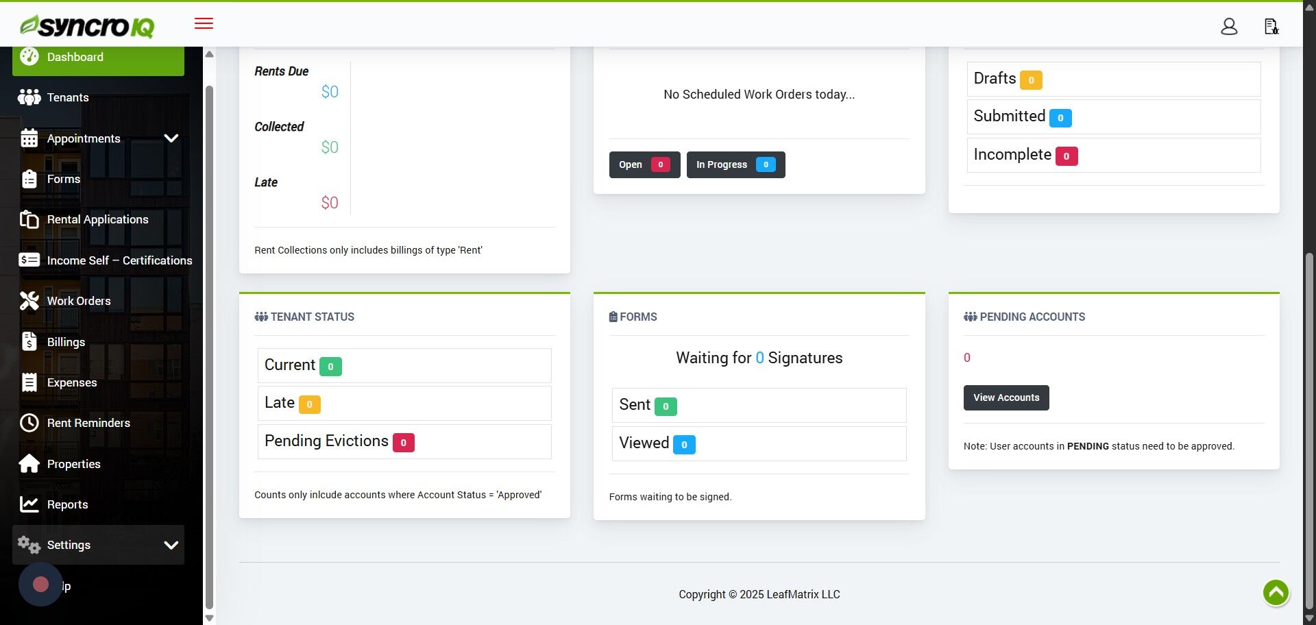 SyncroIQ dashboard with sidebar navigation open