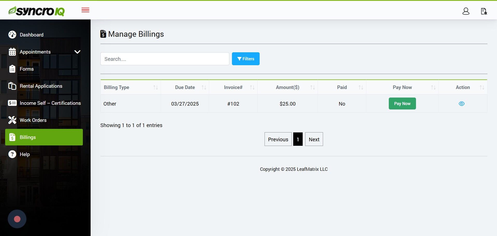 Find billing item and click Pay Now