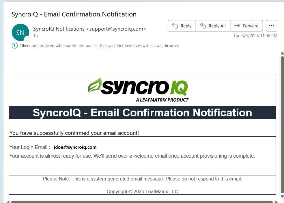 Email confirmed screen