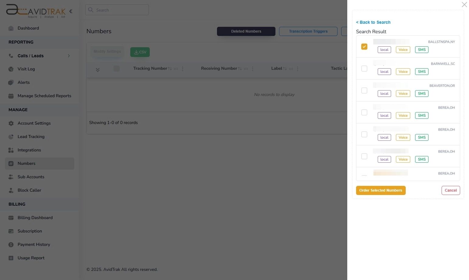 Avidtrak Purchase a Phone Number