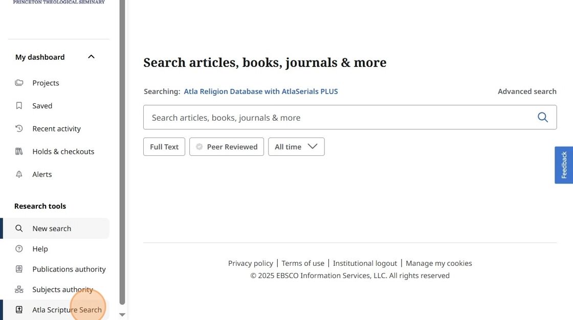 screen snip of the Basic Search screen for Atla Religion Database with AtlaSerials PLUS on the EBSCOhost platform with the Atla Scripture Search link highlighted