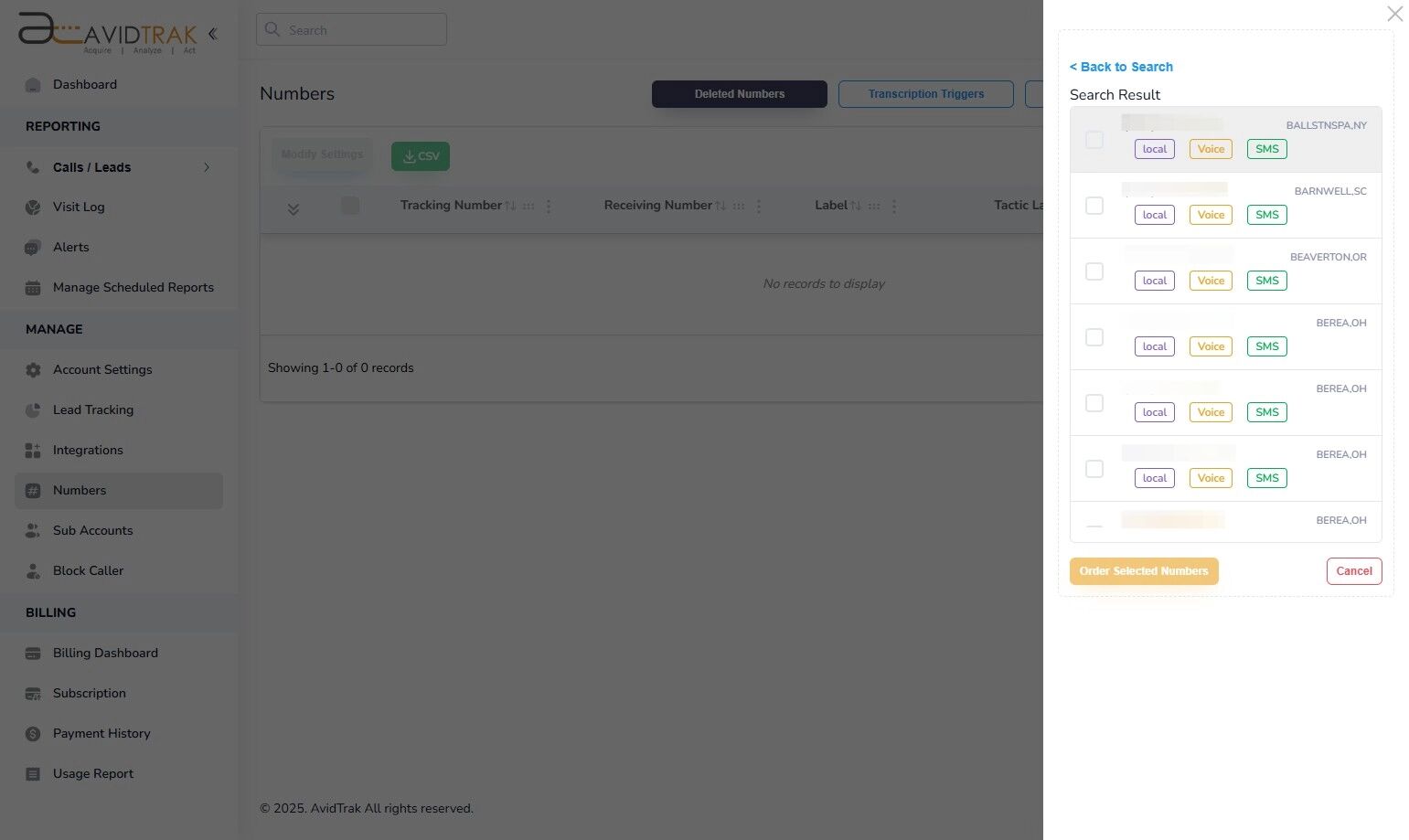 Avidtrak Purchase a Phone Number