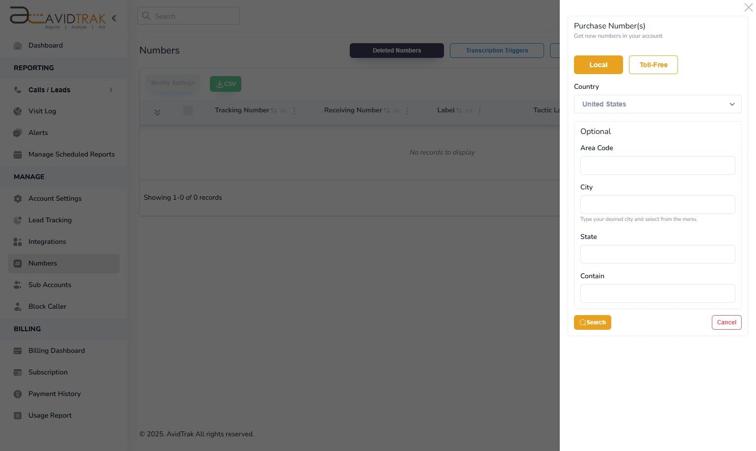 Avidtrak Purchase a Phone Number