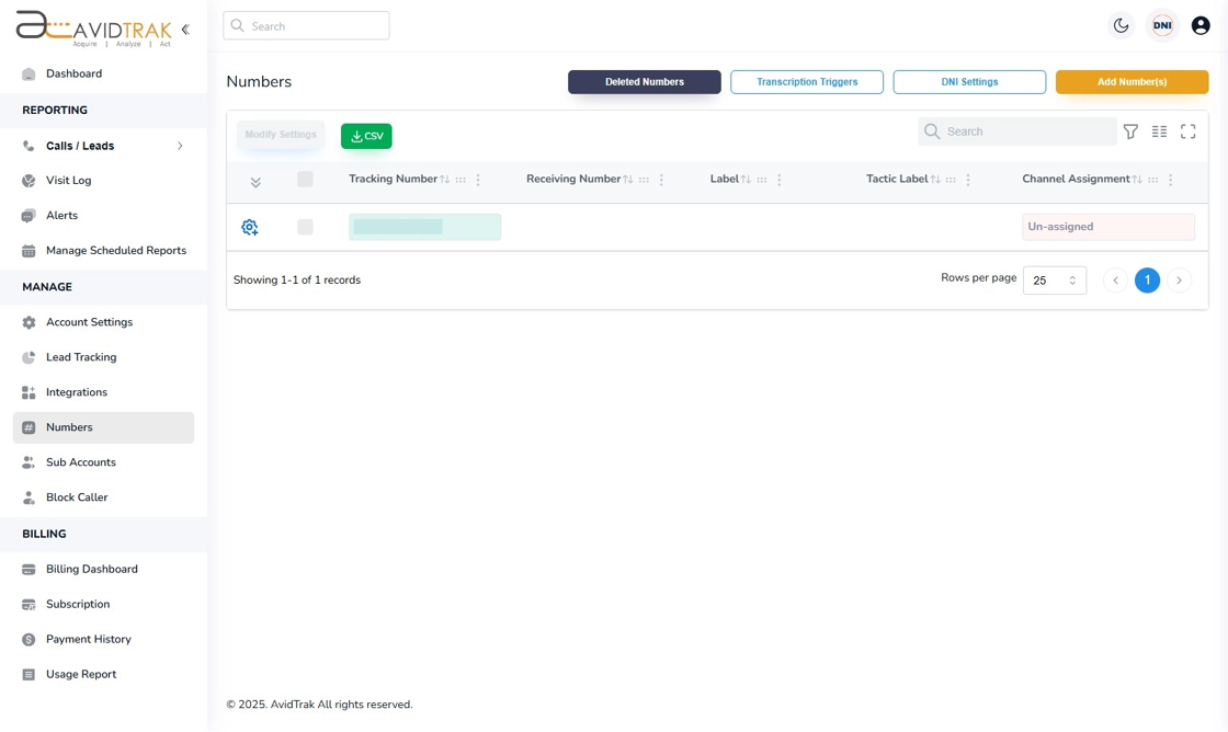 Avidtrak Purchase a Phone Number