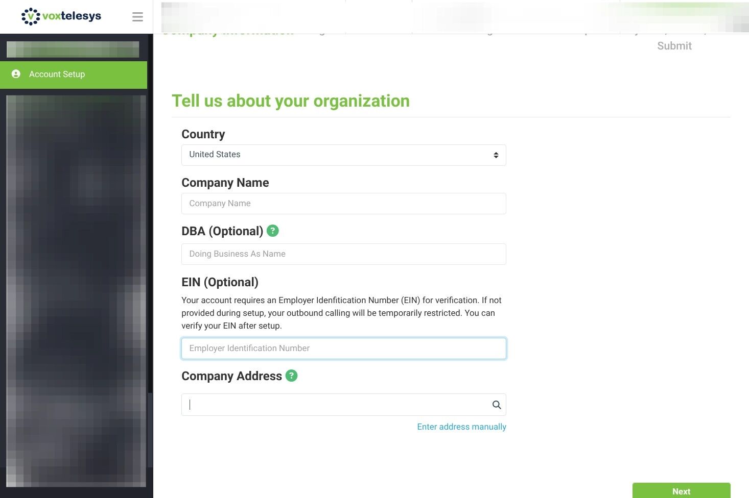 account setup screen