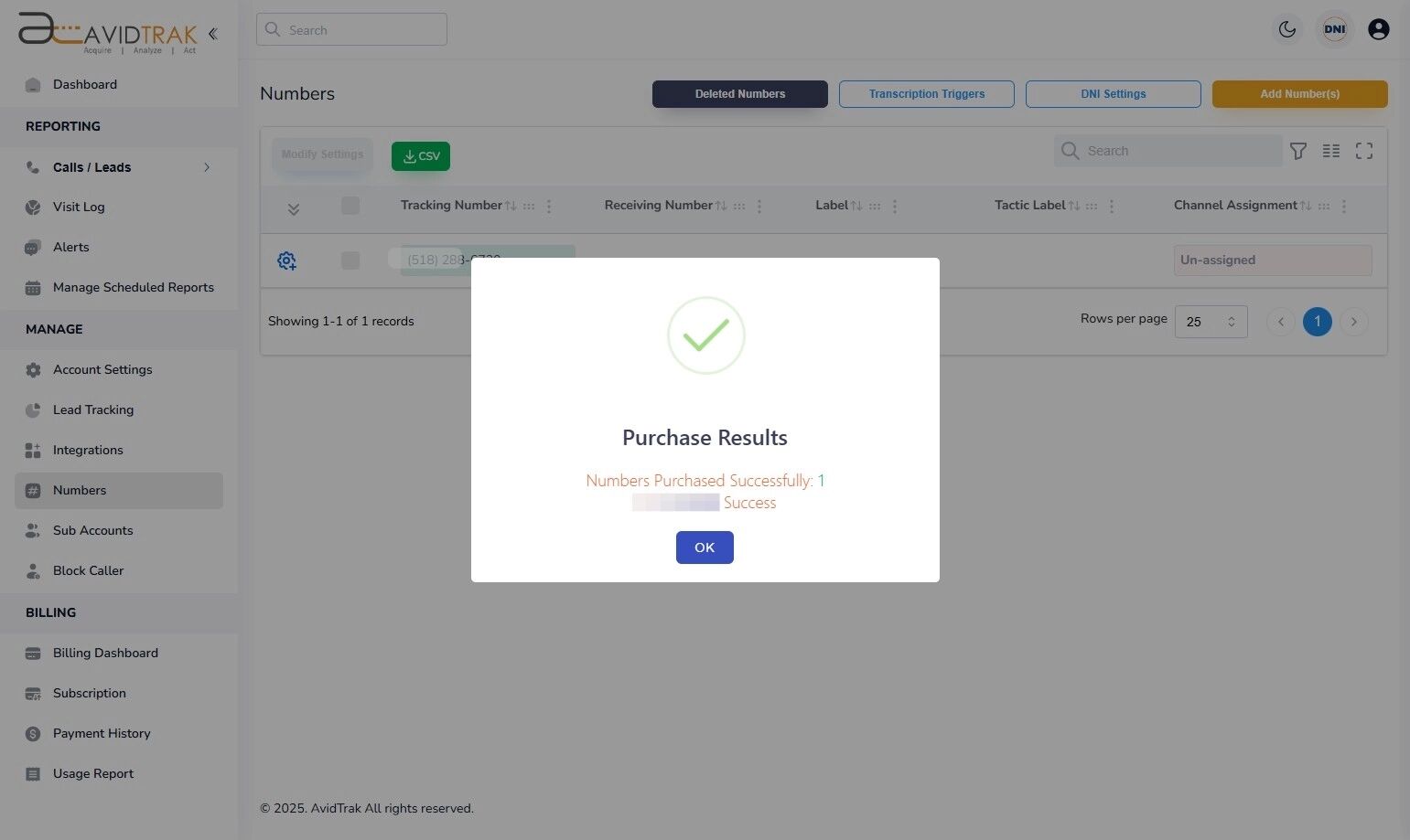 Avidtrak Purchase a Phone Number