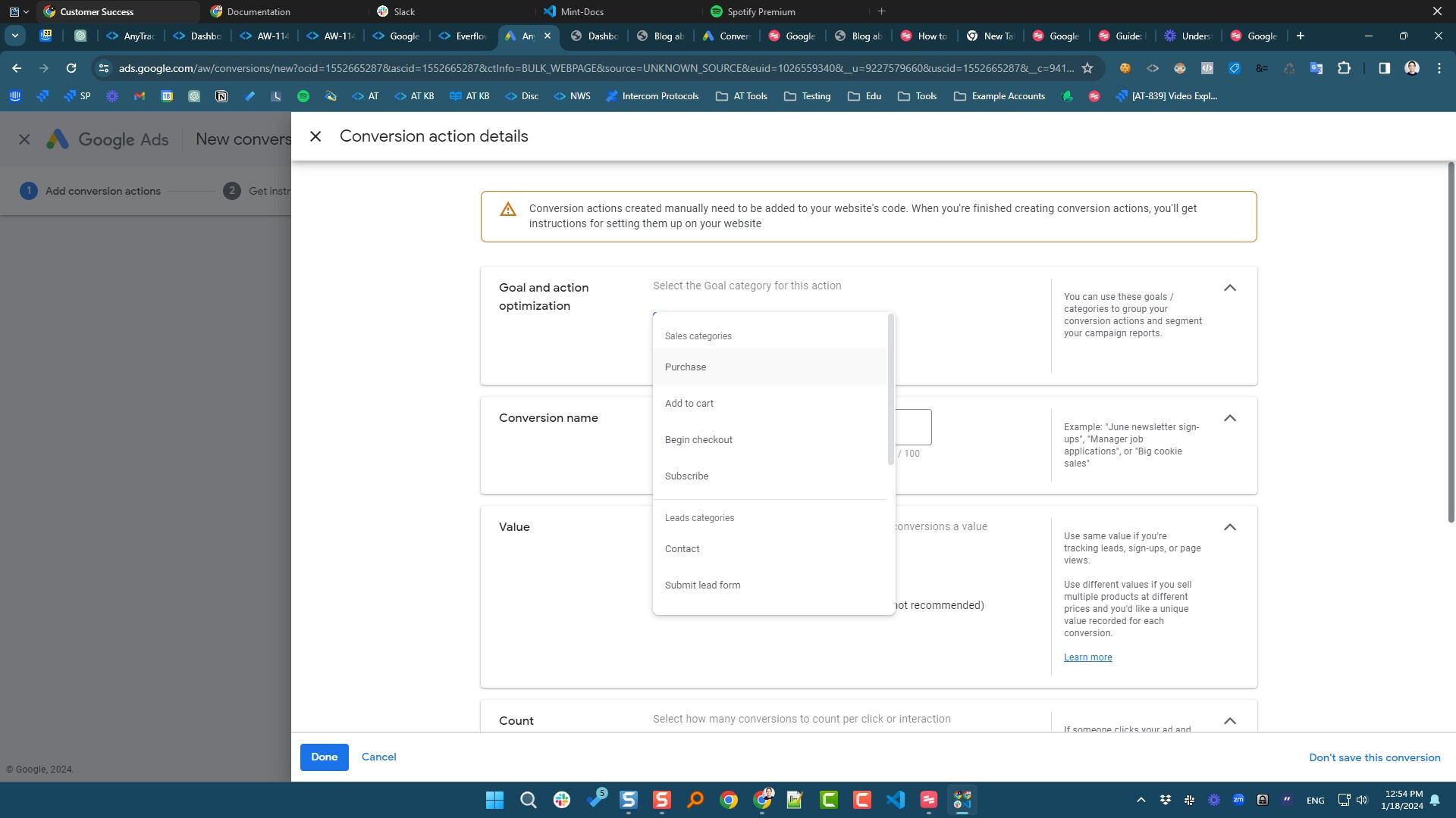 select the action category (e.g., purchase)