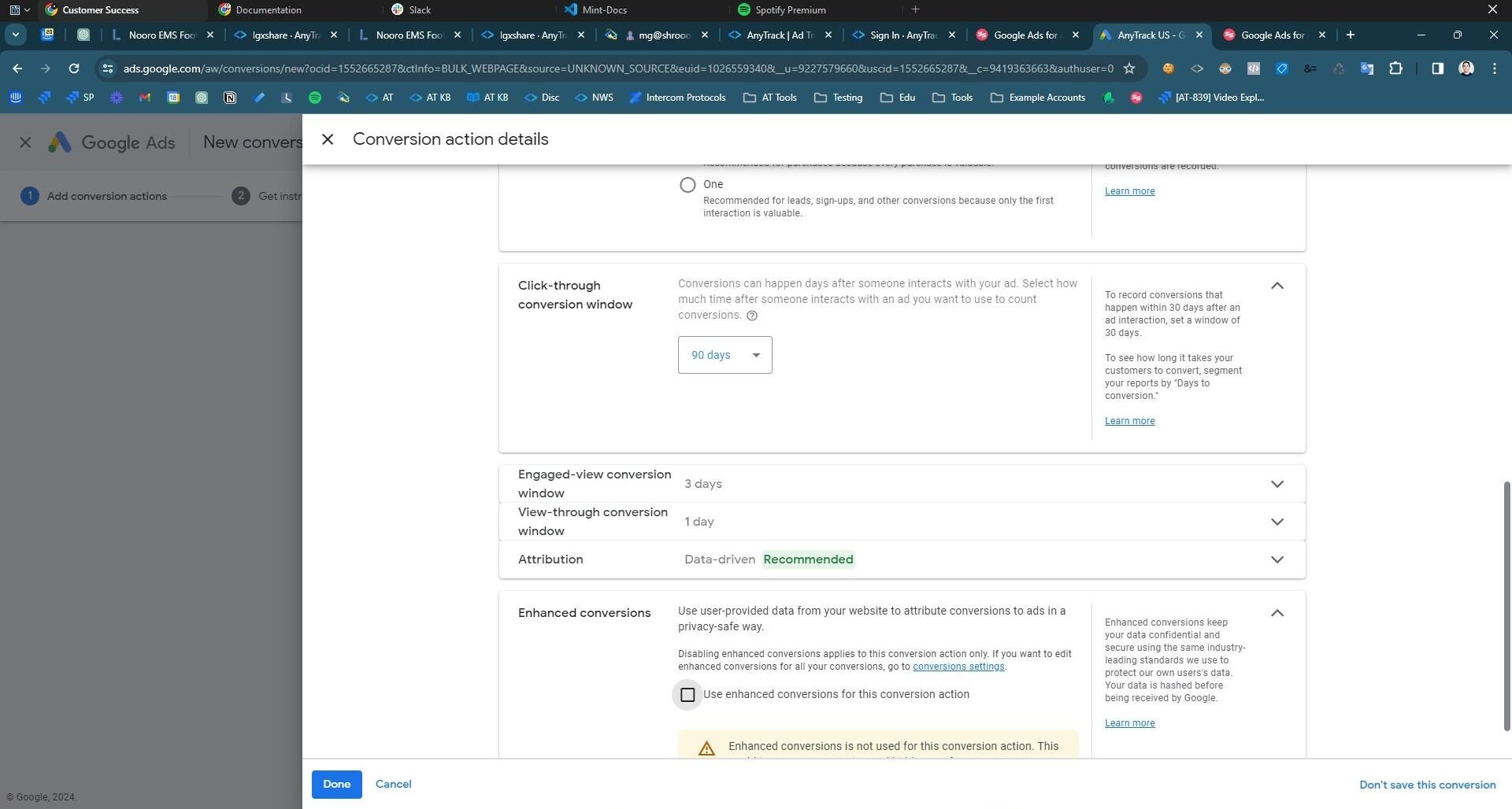 leave the other attribution settings as is and make sure the enhanced conversions is not selected