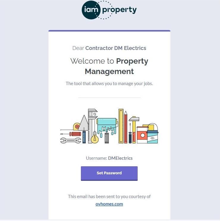 The Contractor will now receive an email showing your company name, their company nadme as well as the username for Property Management. The contractor can now login and create their own password.