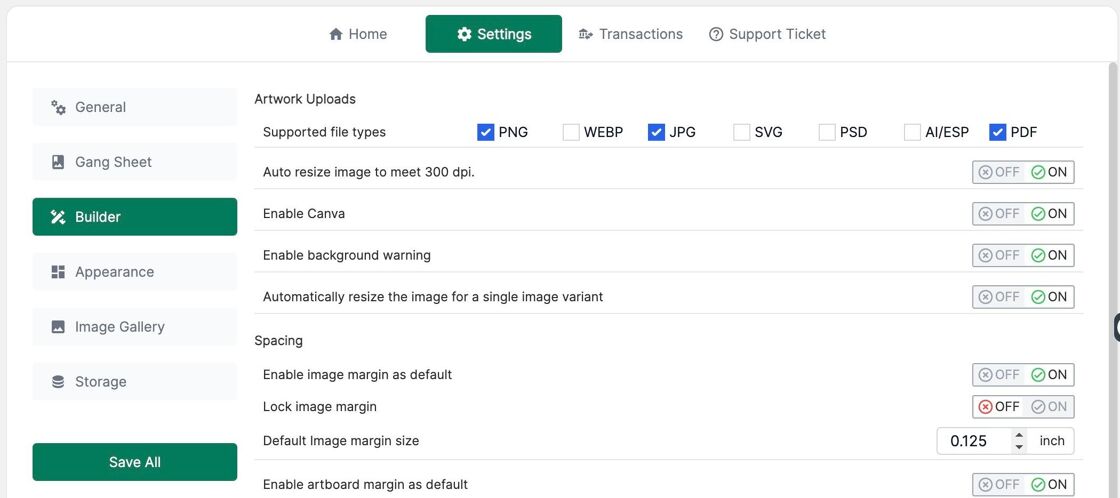 Supported File Types in Builder Settings