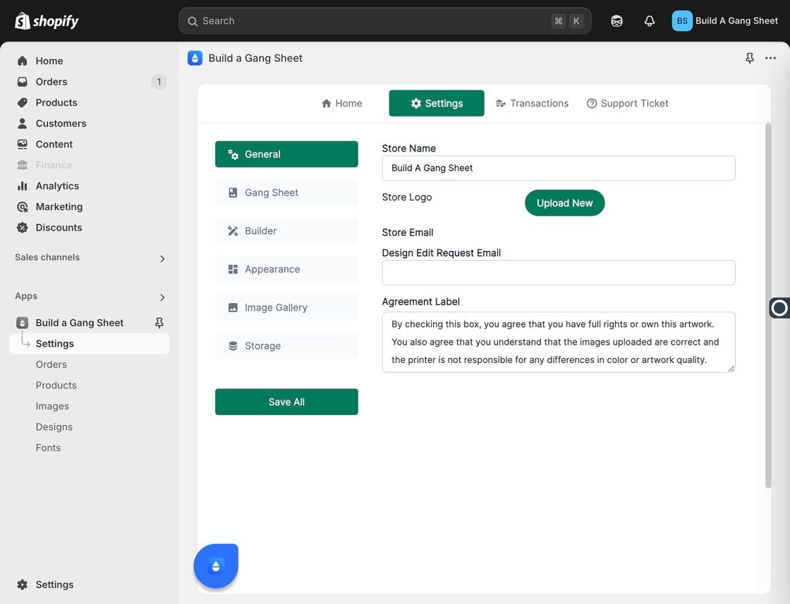 Open Gang Sheet Settings