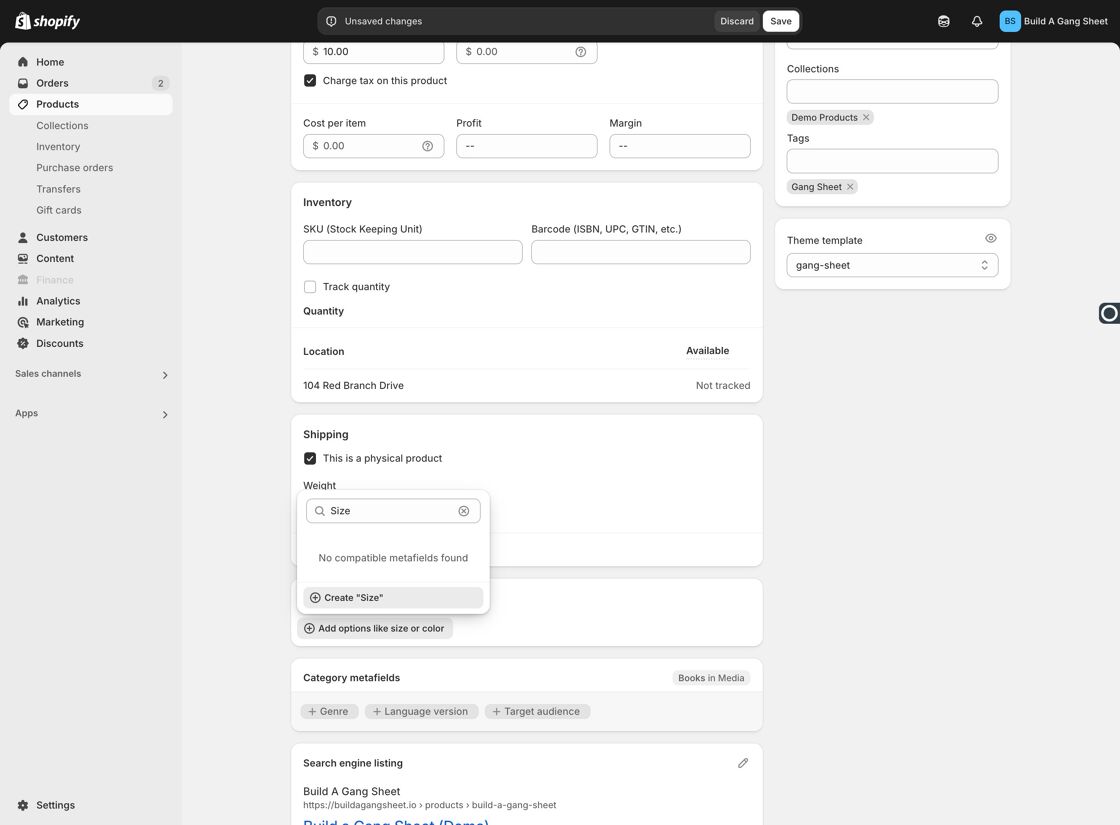 Create Size Option