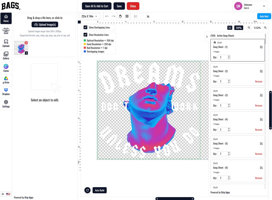 Edit or Checkout Gang Sheets