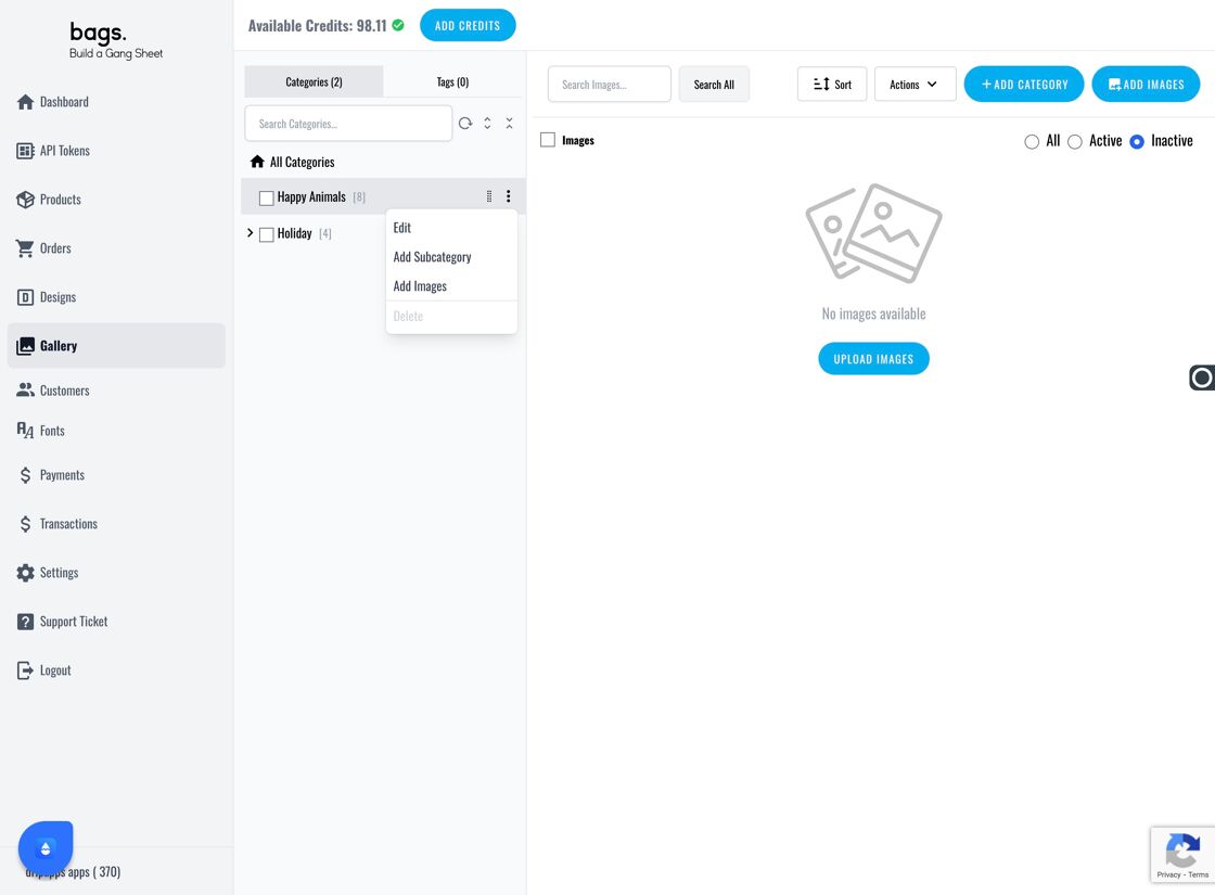 Add Subcategory or Images