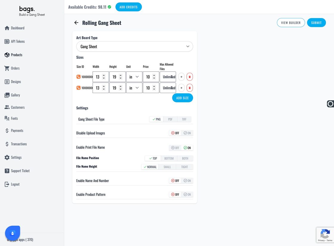 Products tab