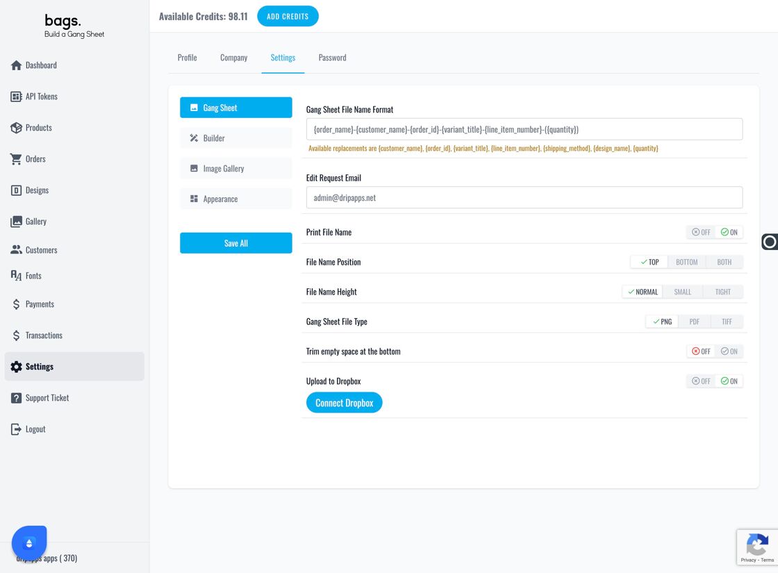 Settings Tab