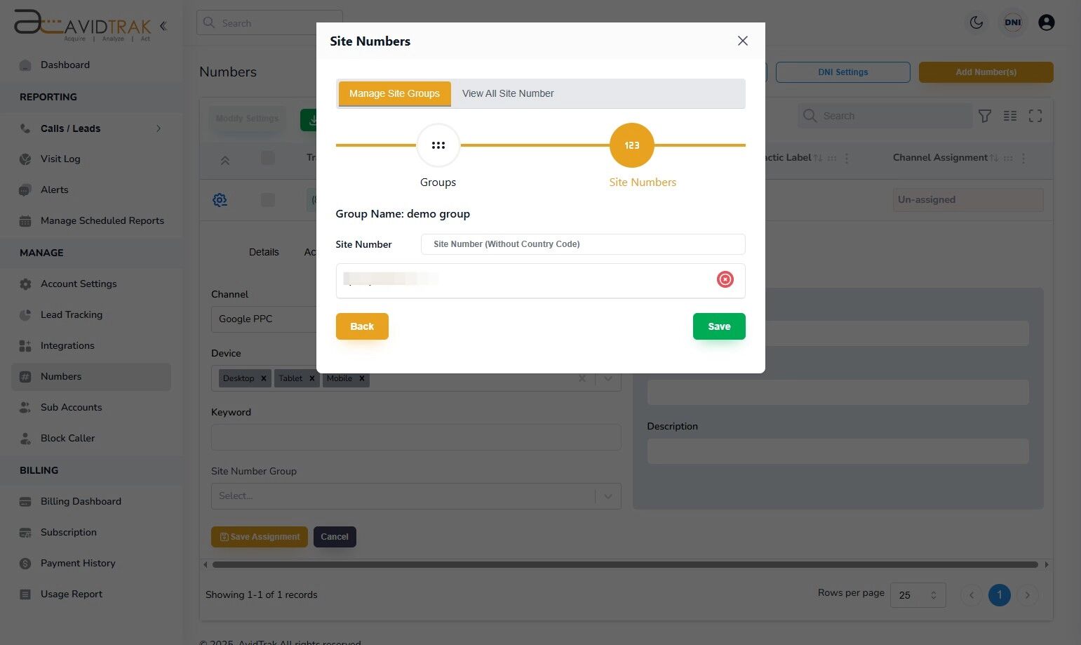 Avidtrak Site Number Group