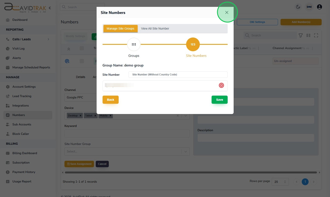 Avidtrak Site Number Group