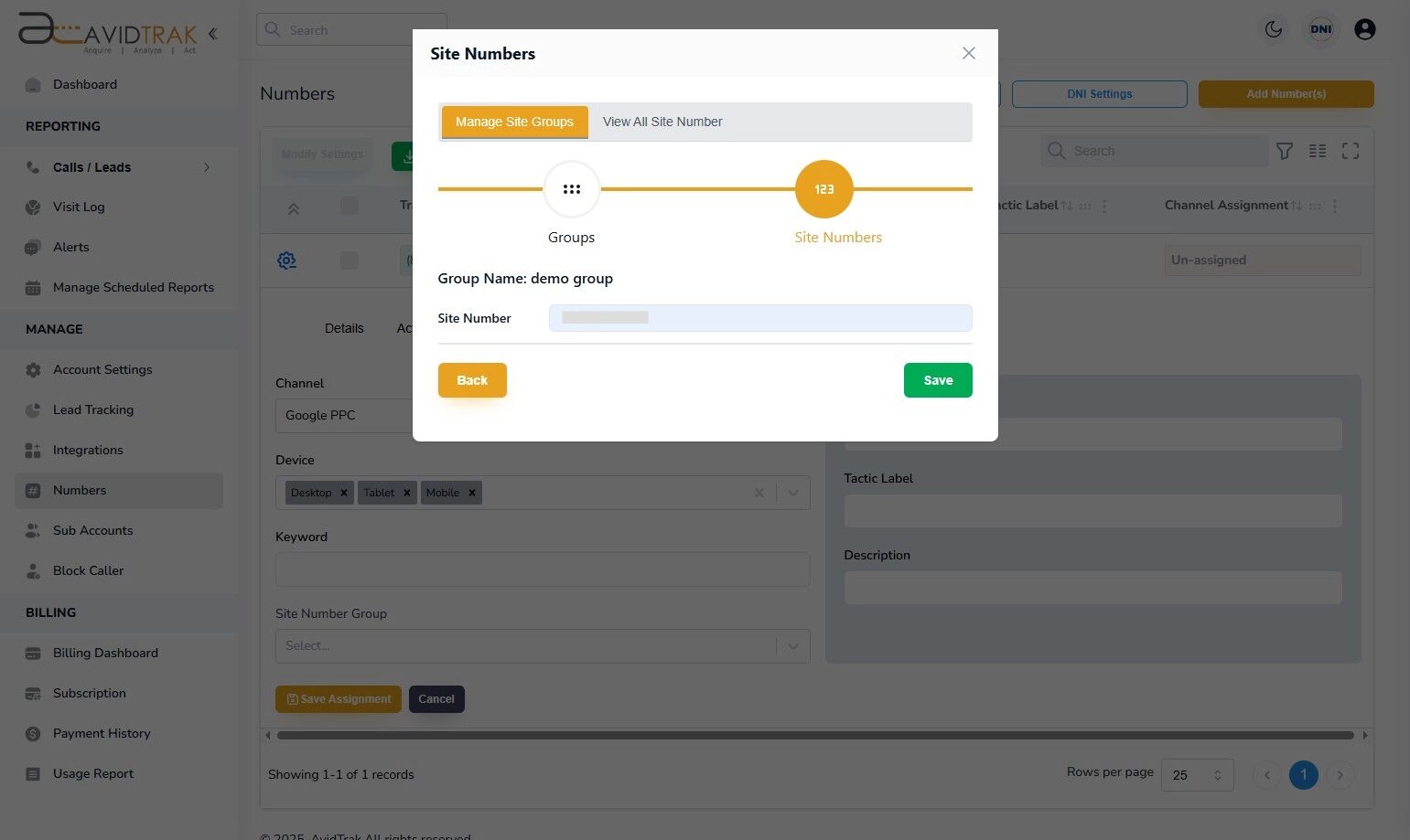 Avidtrak Site Number Group