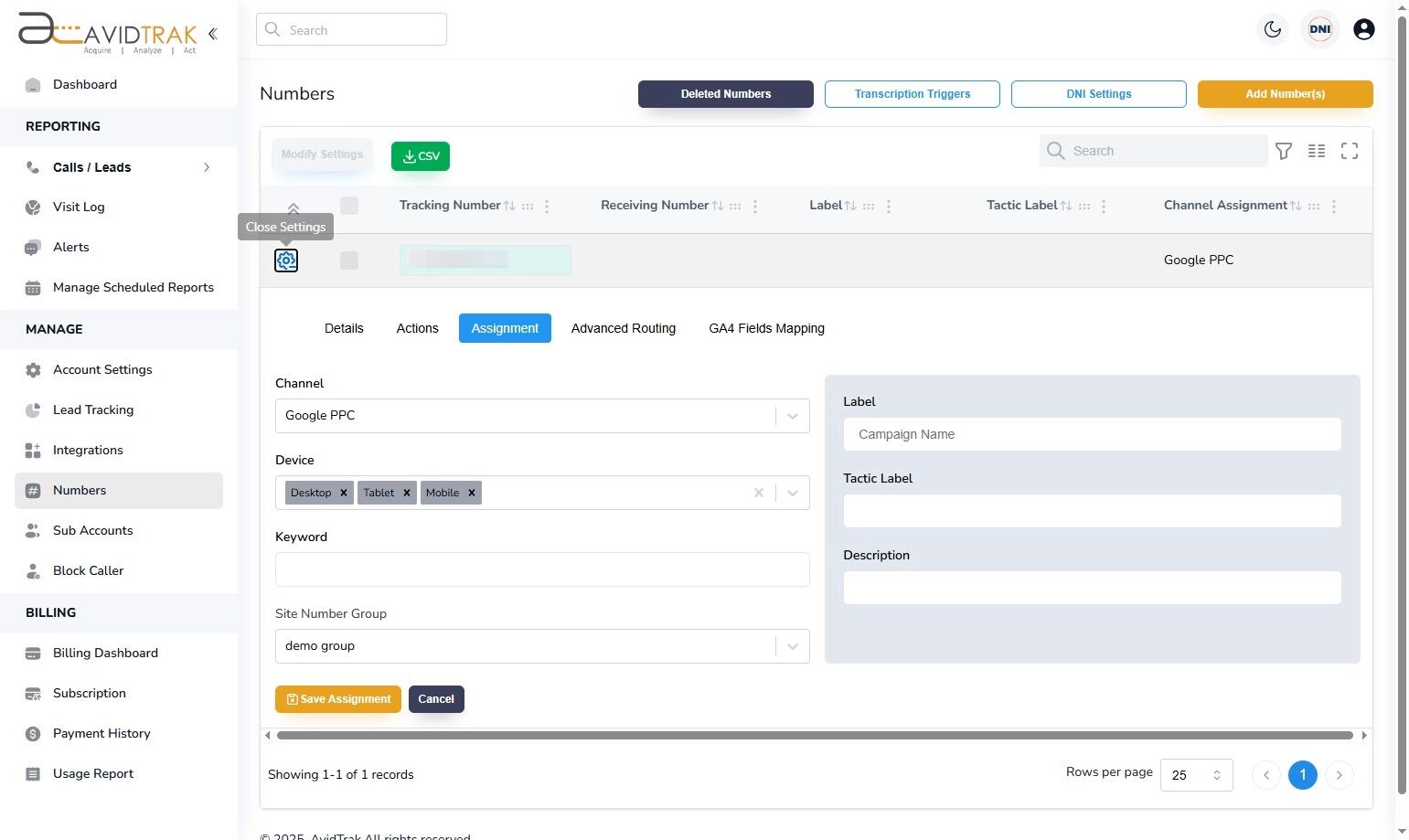 Avidtrak Site Number Group