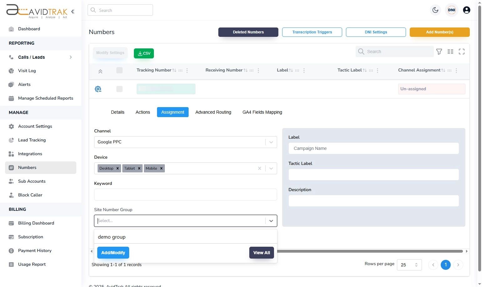 Avidtrak Site Number Group