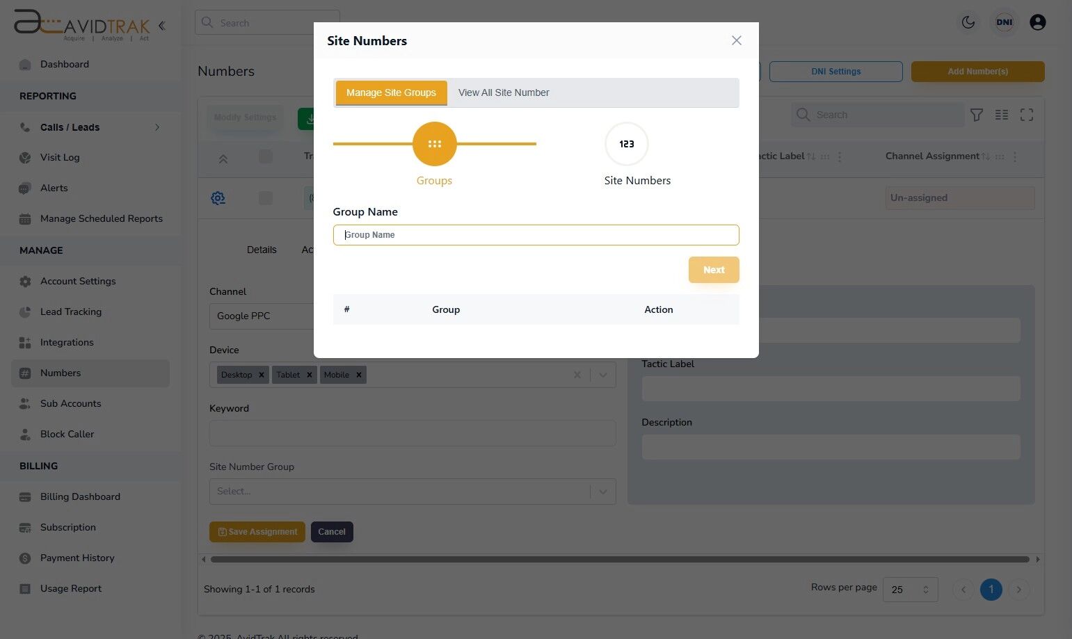 Avidtrak Site Number Group