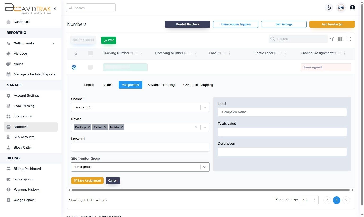 Avidtrak Site Number Group