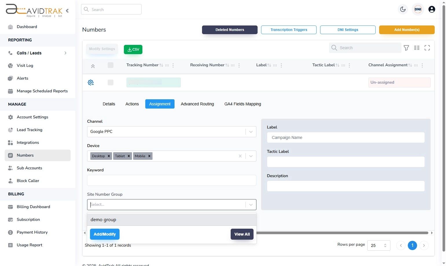 Avidtrak Site Number Group