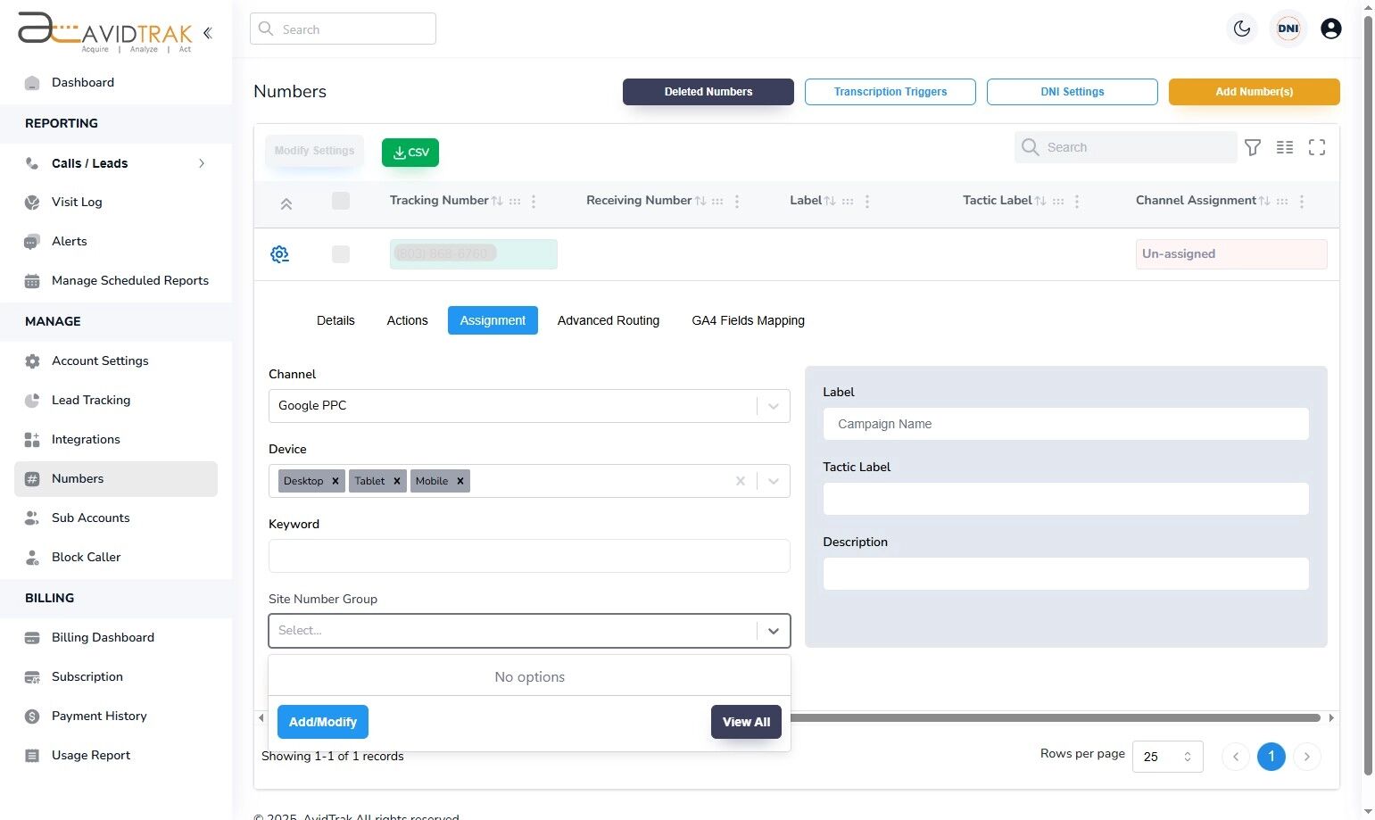 Avidtrak Site Number Group