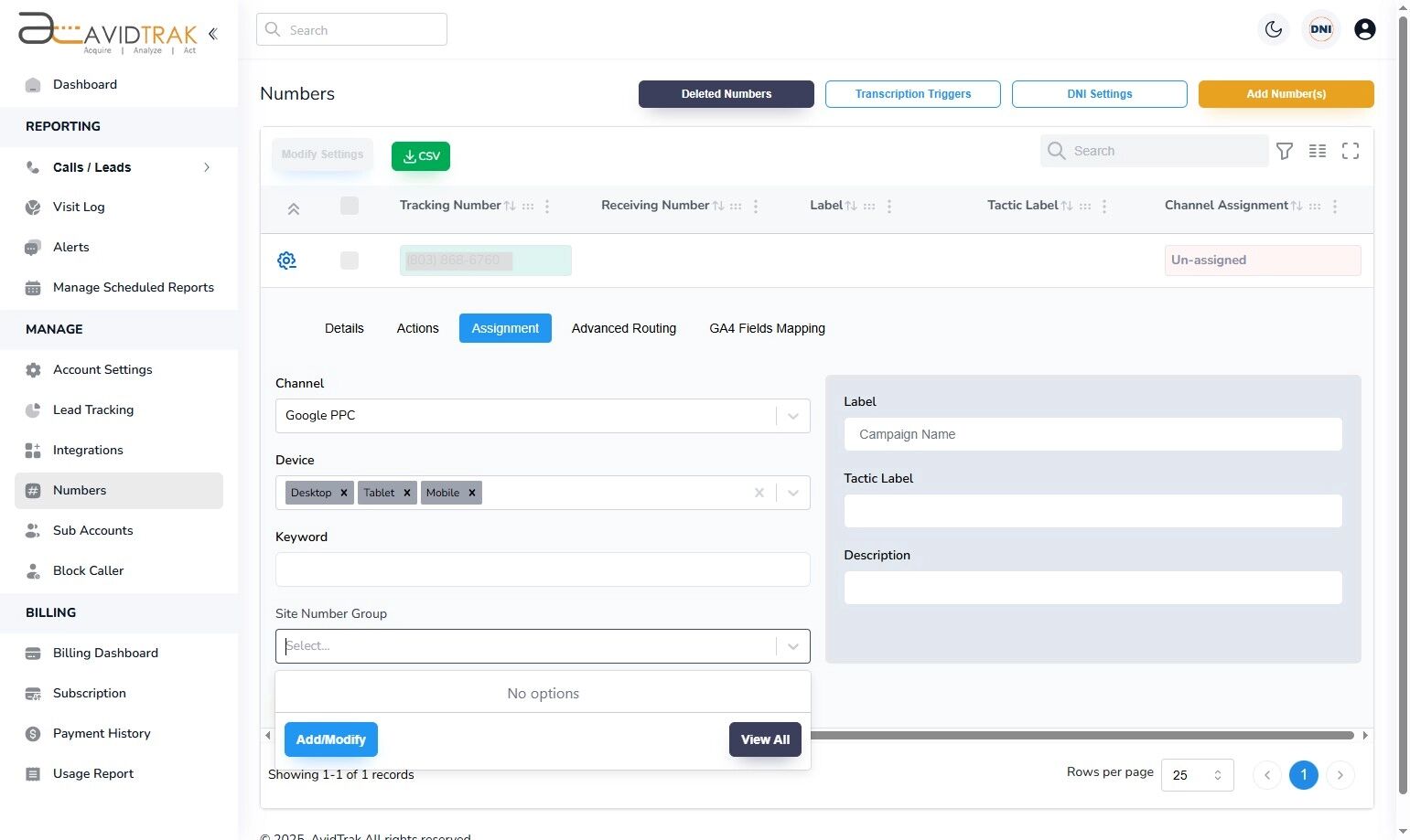 Avidtrak Site Number Group