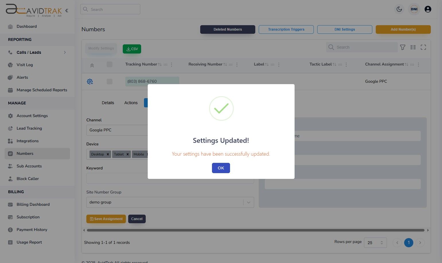Avidtrak Site Number Group
