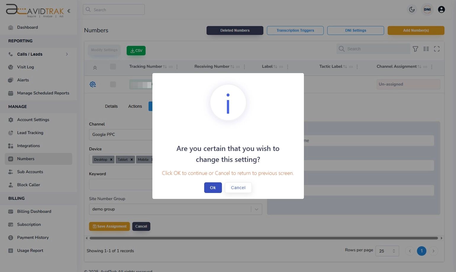 Avidtrak Site Number Group
