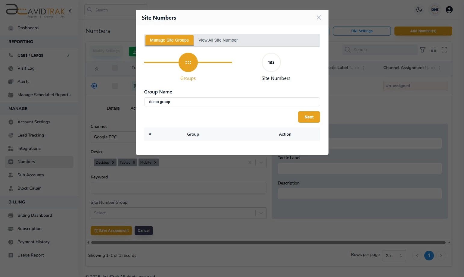 Avidtrak Site Number Group