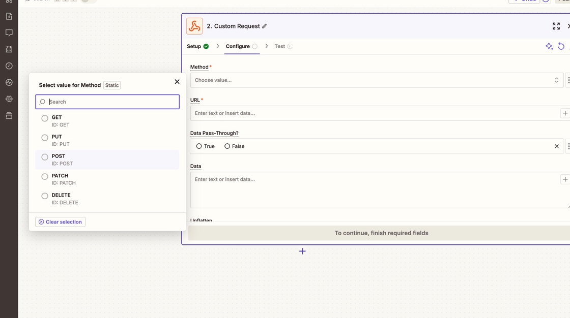 Choosing the POST method for the webhook request in Zapier