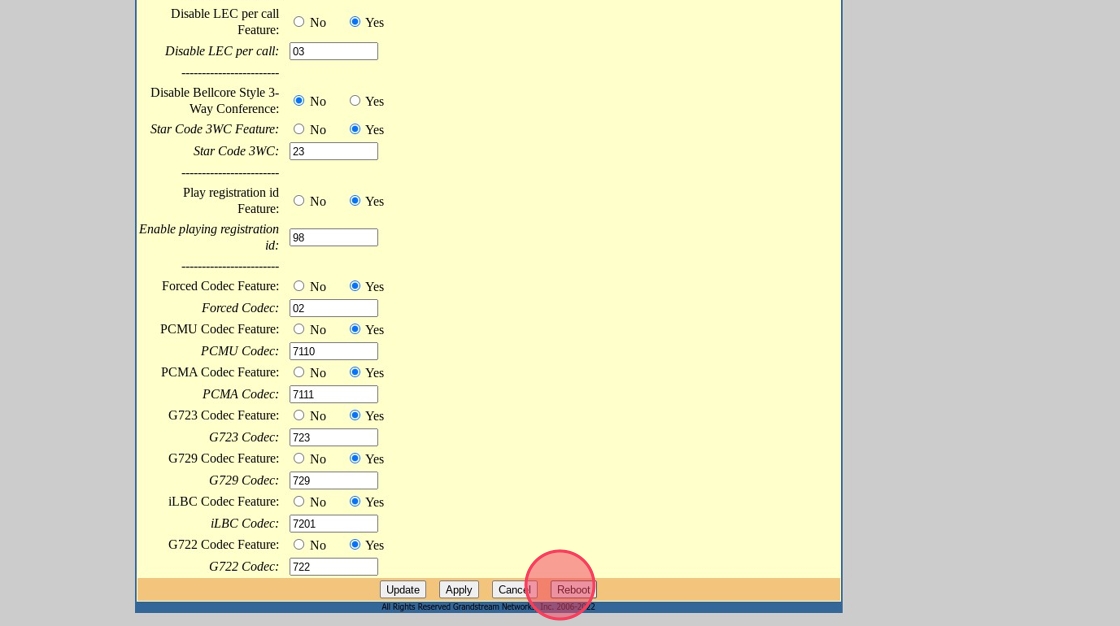 reboot button in grandstream