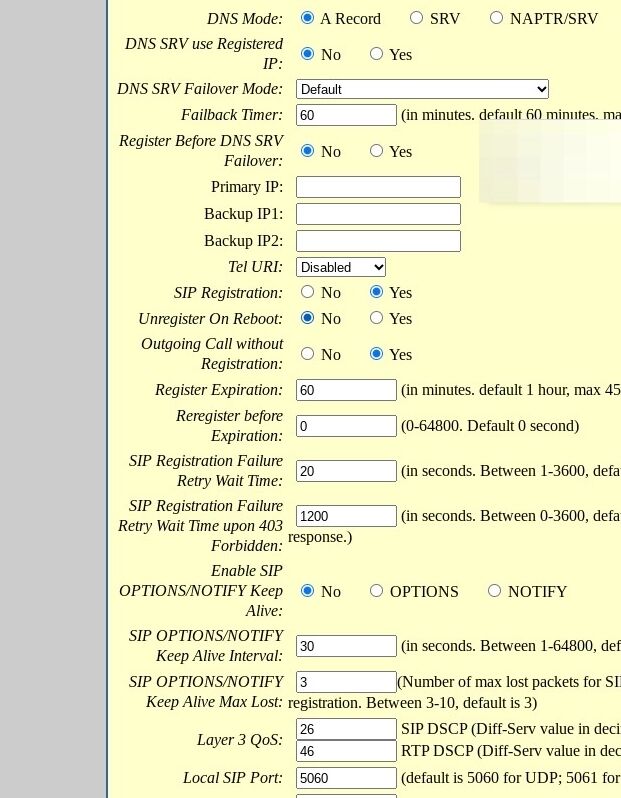 sip registration setting in grandstream